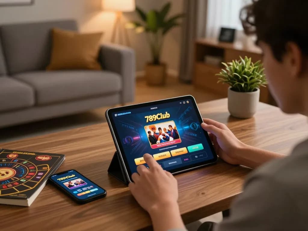 Engaged player using the 789Club app for strategic online gambling in a cozy home setting.