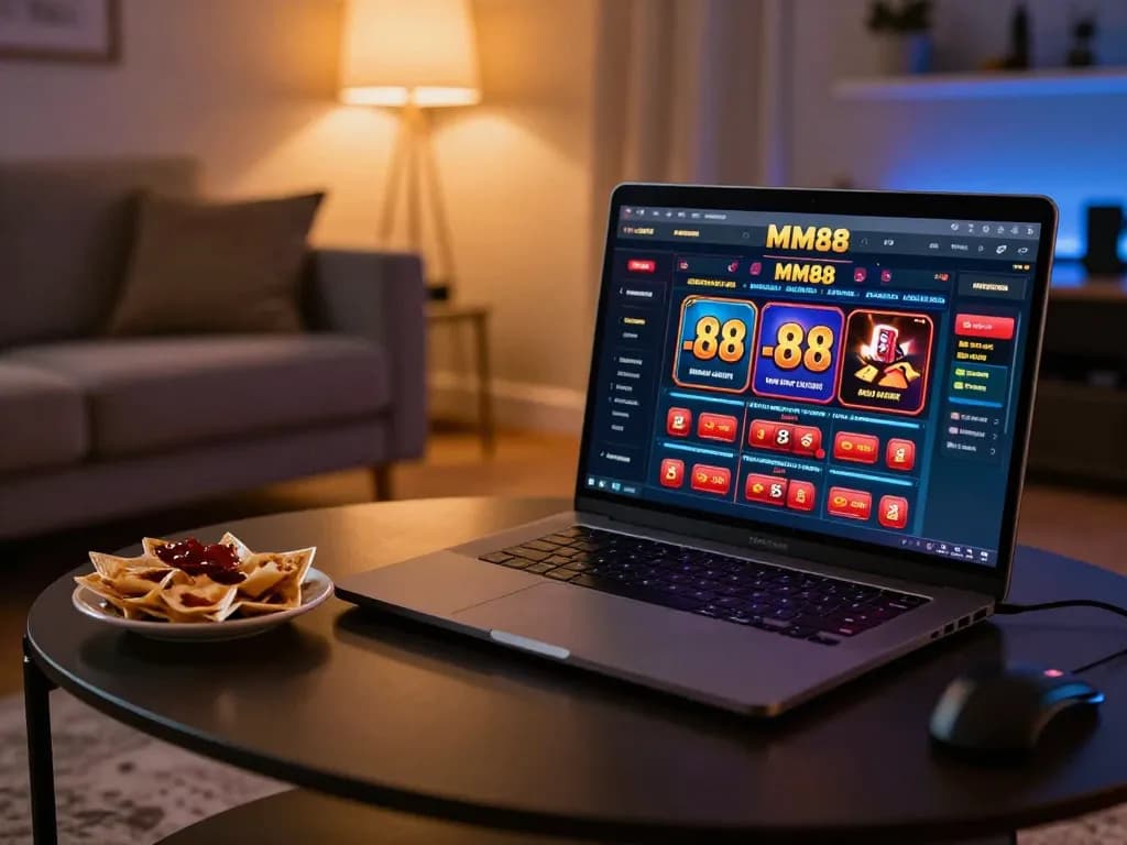 Player engaging on MM88 online casino platform from a cozy home gaming setup.