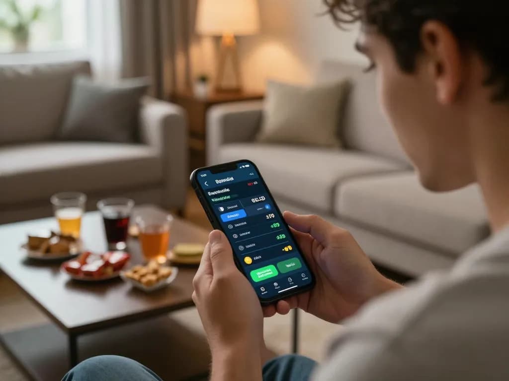 KUBET user engaging in mobile sports betting with live odds on their smartphone in a cozy home environment