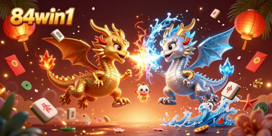 Engaging illustration of 84win1 gaming scene with twin dragons and casino elements, perfect for gamblers.