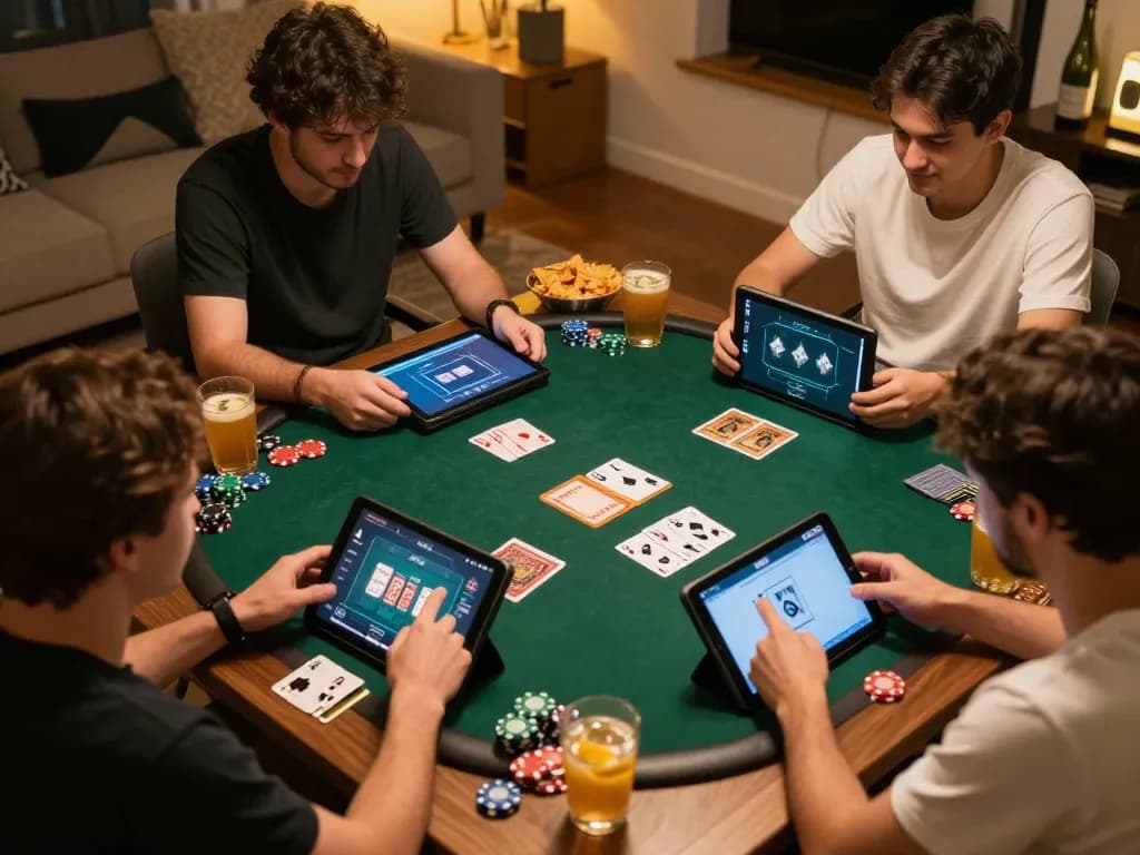 Players enjoying an engaging session on the 78wim app during an online poker game in a cozy living room