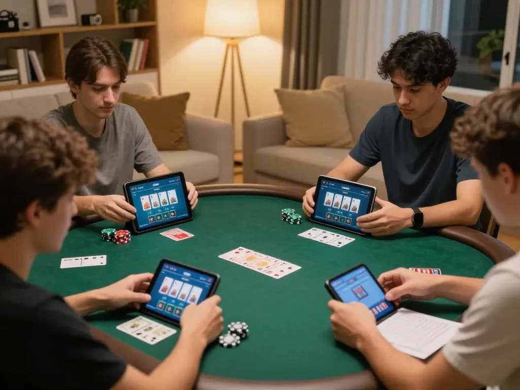 Players enjoy online poker with 888bgo in a cozy home setting, highlighting responsible gaming.