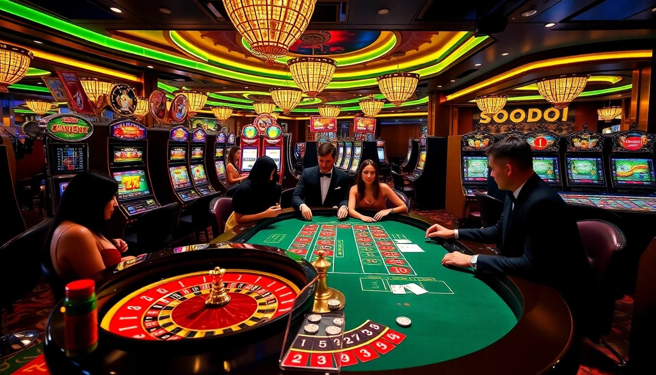 SODO CASINO vibrant gaming scene with players at slots and roulette tables, highlighting excitement