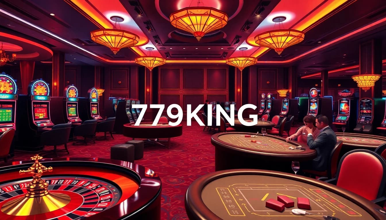 Exciting casino scene with players and dealers highlighting 79KING gaming experience in luxury.