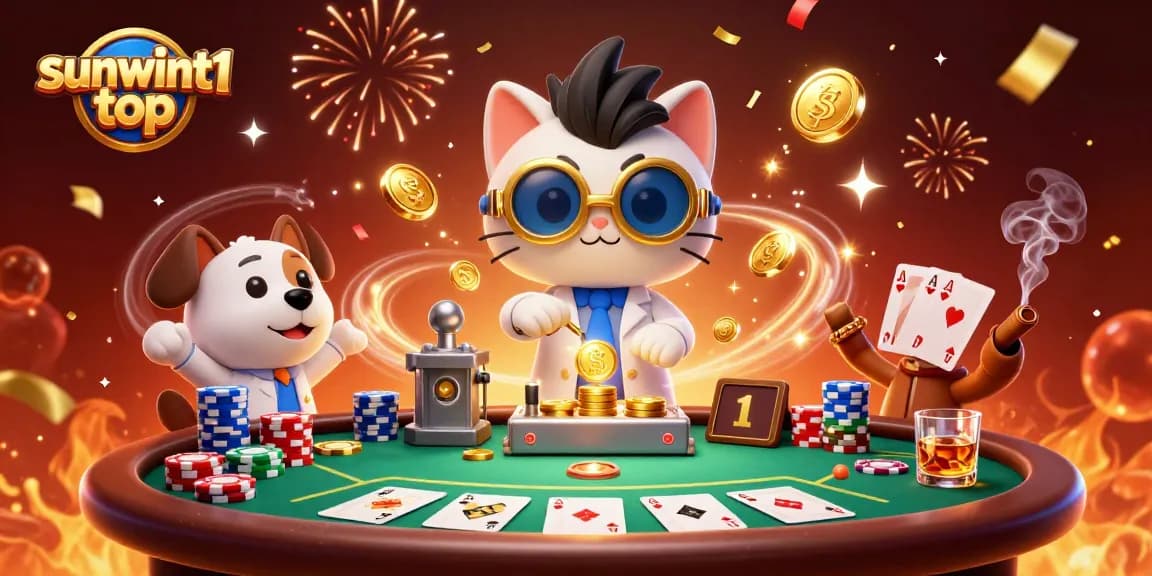 Experience thrilling poker action with sunwint1 top's 3D cartoon characters in a vibrant casino scene.