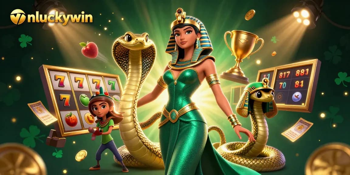 Engaging scene showcasing vnluckywin with a stunning woman and her golden cobra at a vibrant casino.