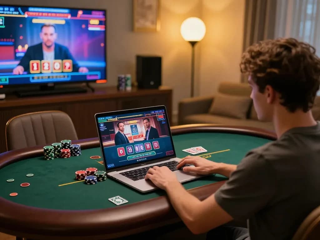 Engaging online gaming scene at nhà cái luck8, with a player actively participating on laptop, showcasing vibrant casino elements.