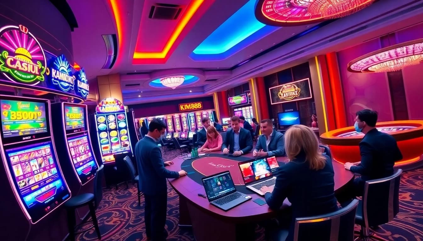 Experience excitement at km1888b with players enjoying vibrant slot machines and roulette.