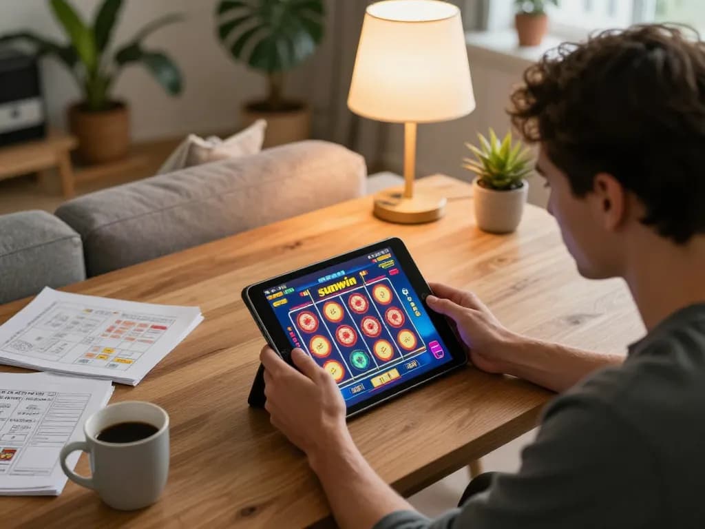 Engaging gameplay on sunwin slots displayed on a tablet in a cozy home setting.