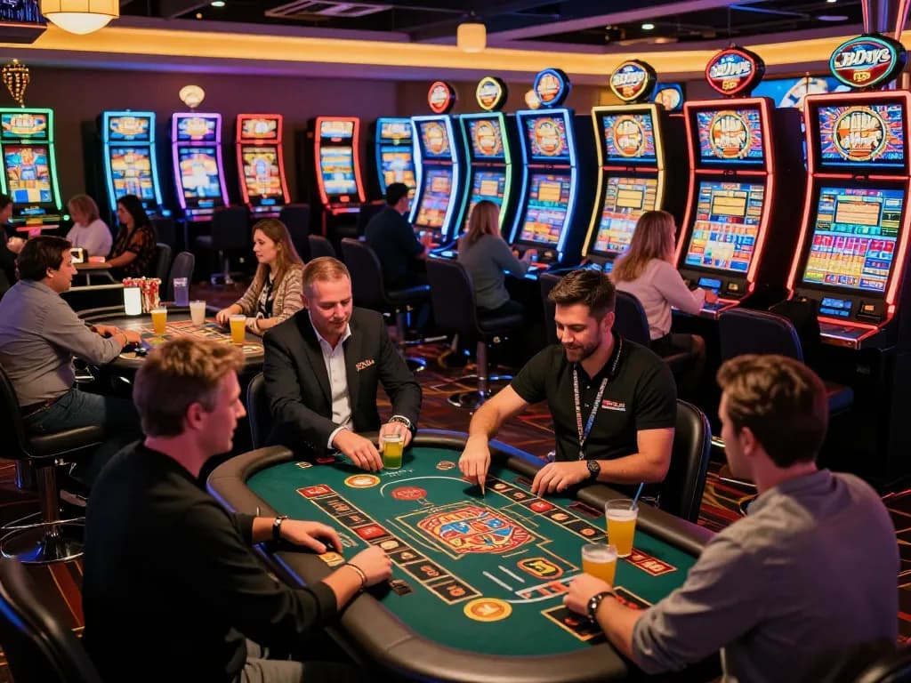 Players experience the excitement of 8Day casino with colorful slots and vibrant atmosphere