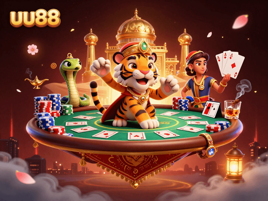 Engage with uu88's vibrant casino scene featuring a majestic tiger sultan among poker elements.