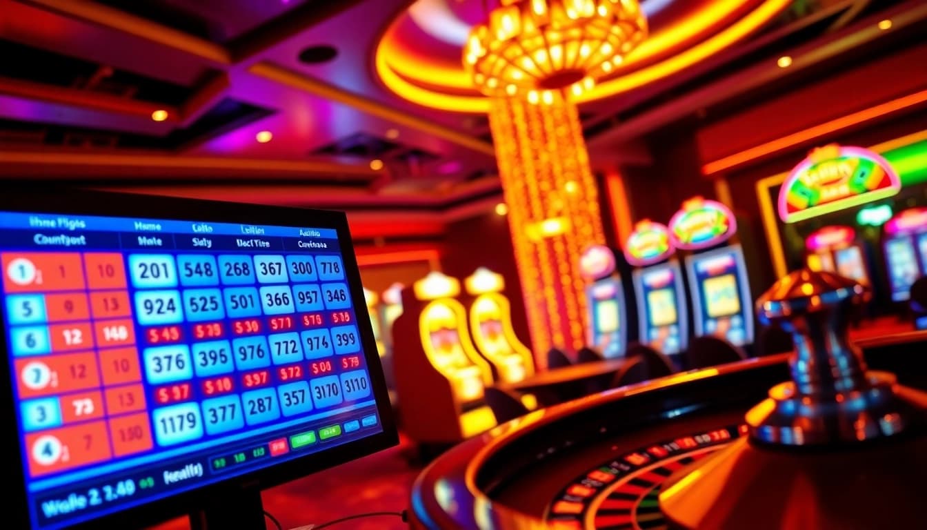Lô đề 98win captures the excitement of online betting in a vibrant casino setting, showcasing digital lottery interfaces and dynamic gaming elements.