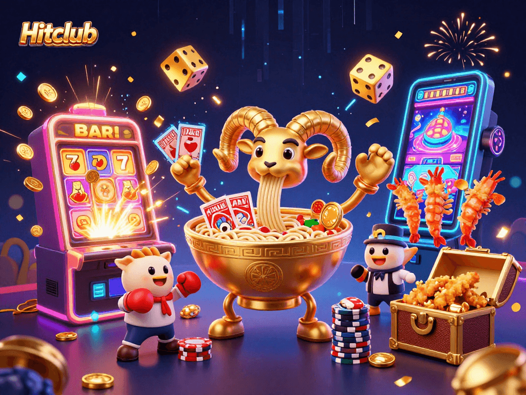 Engage with Hitclub's vibrant 3D casino illustration featuring playful characters and dynamic game elements.