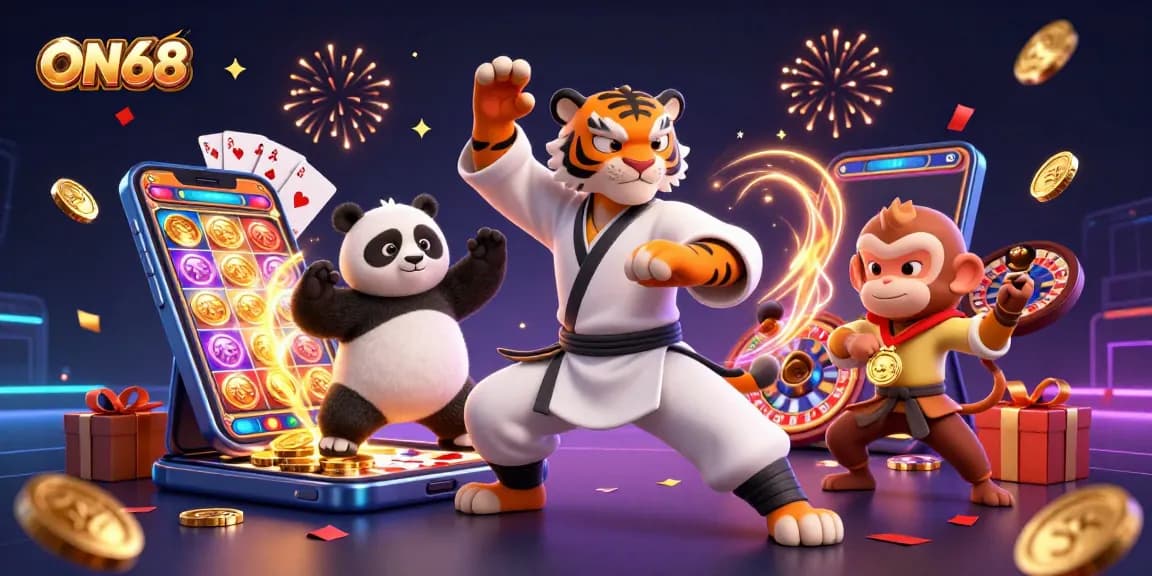 Experience ON68's thrilling casino world with a masterful tiger, panda disciple, and a playful monkey amidst vibrant gambling elements.