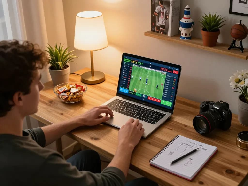 Person betting on alo8 online sports platform from a cozy home setup with laptop and snacks.