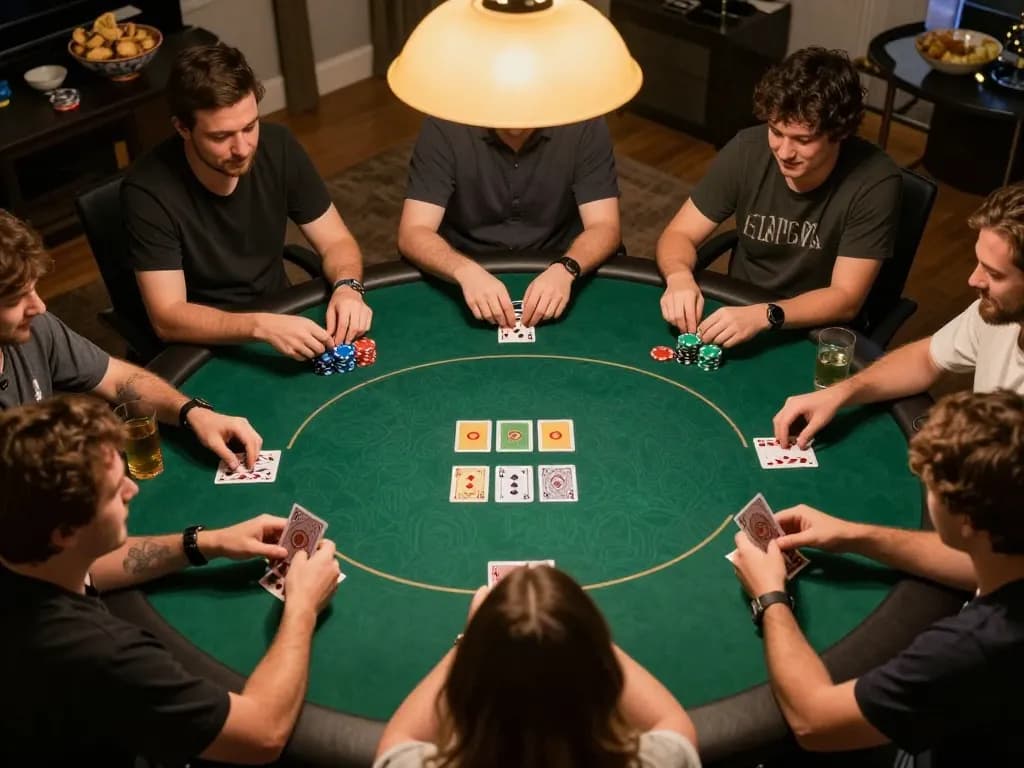 Engaged players at a lively poker table during a home game night with f168 atmosphere and Texas Hold'em action