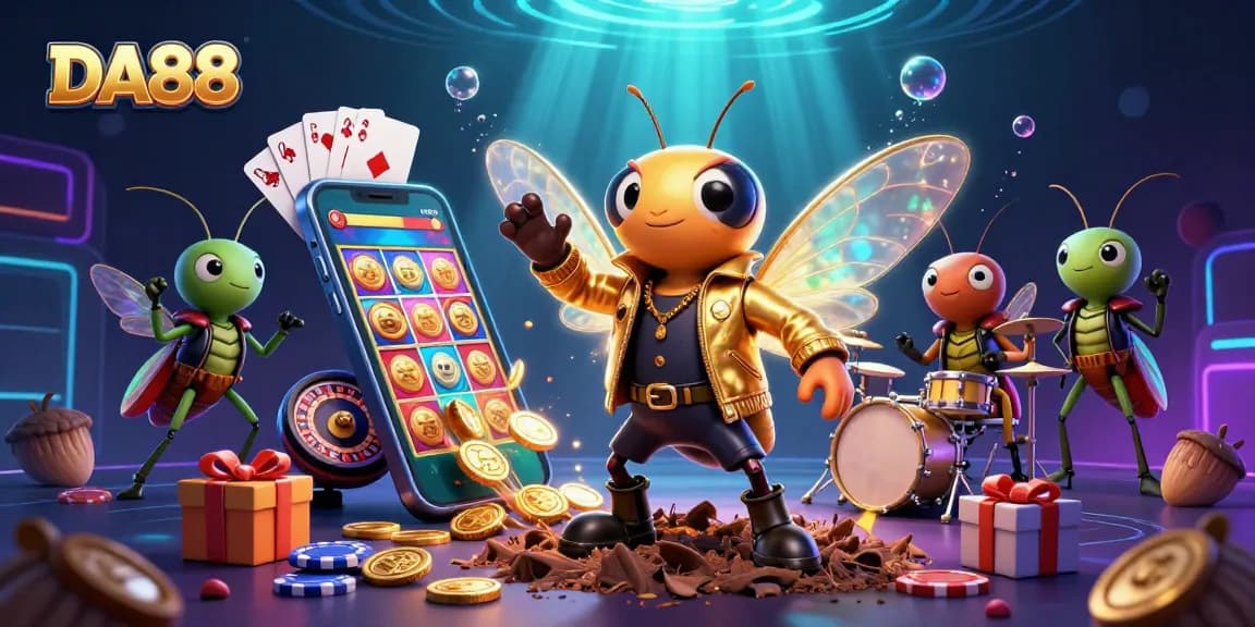 DA88 themed illustration featuring a rock star cicada amidst dynamic casino gaming elements.