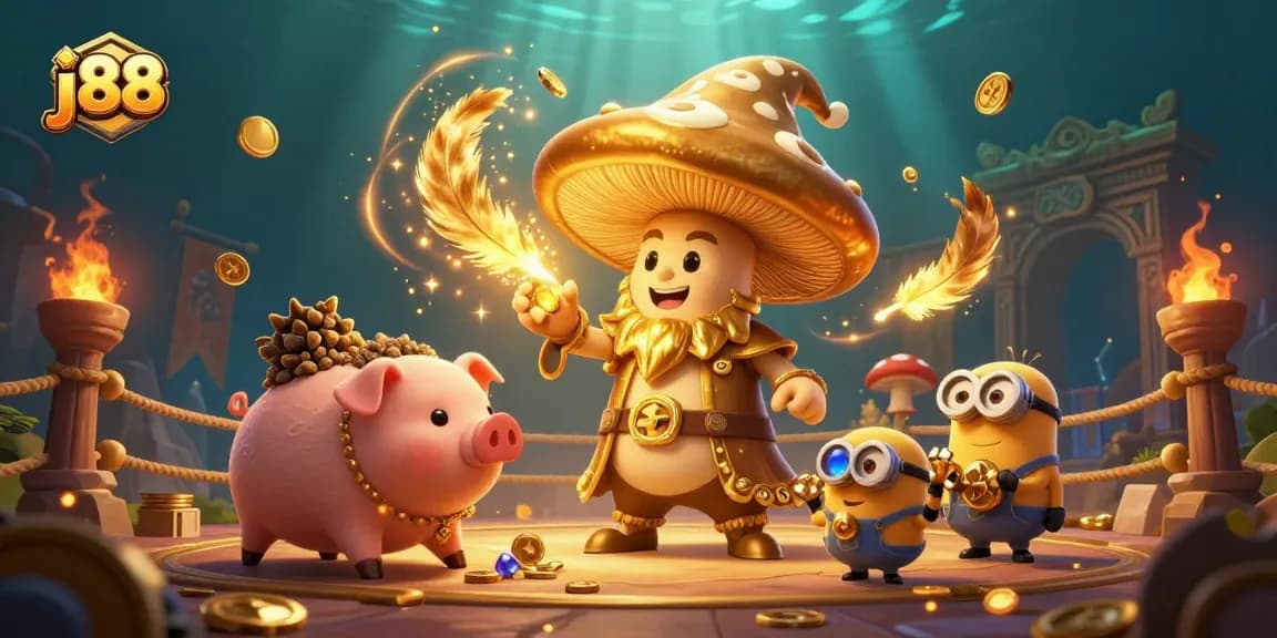 Engage in the j88 gaming adventure with a dynamic golden mushroom wizard, truffle pig, and enchanted treasures.