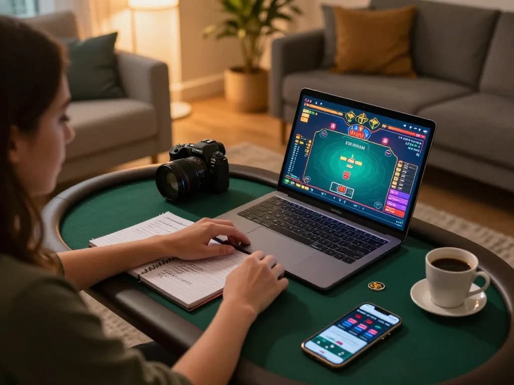 Person engaged in online poker game on laptop, showcasing strategies and enjoying tr88 experience in a cozy home setting.