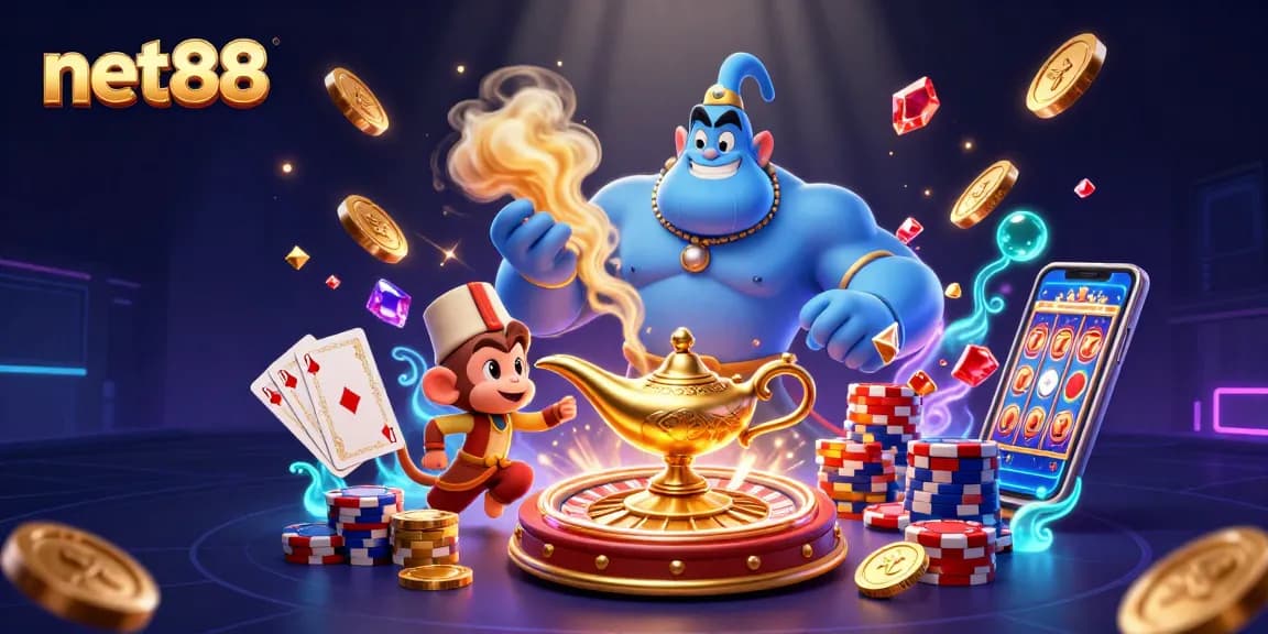 Engage with net88's exciting casino world illustrated with a dynamic magical theme featuring jackpots.