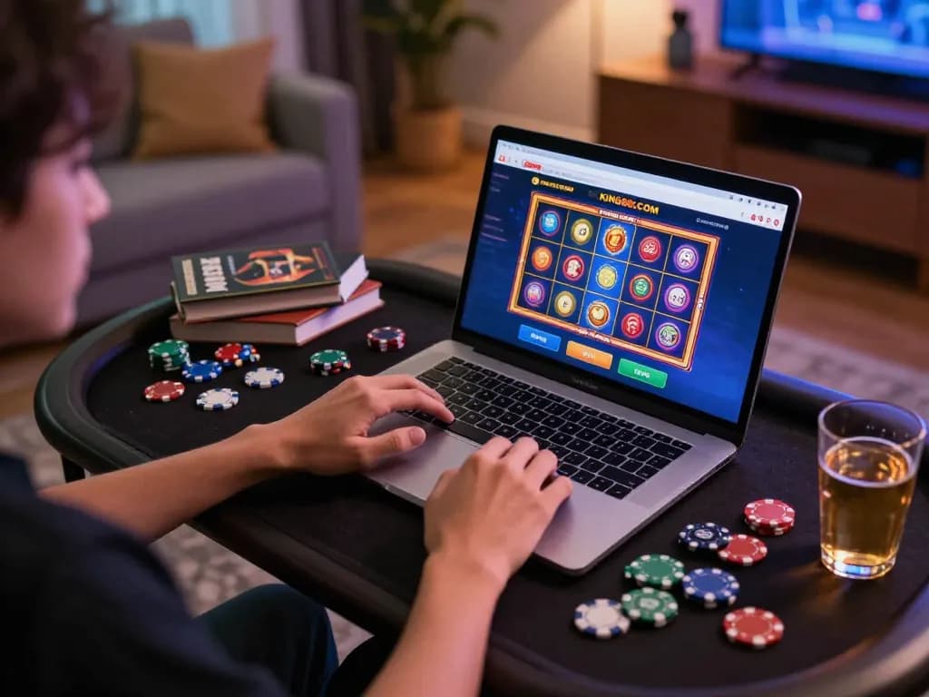 Player engaging with king88 com on a laptop in a cozy home gaming setup.
