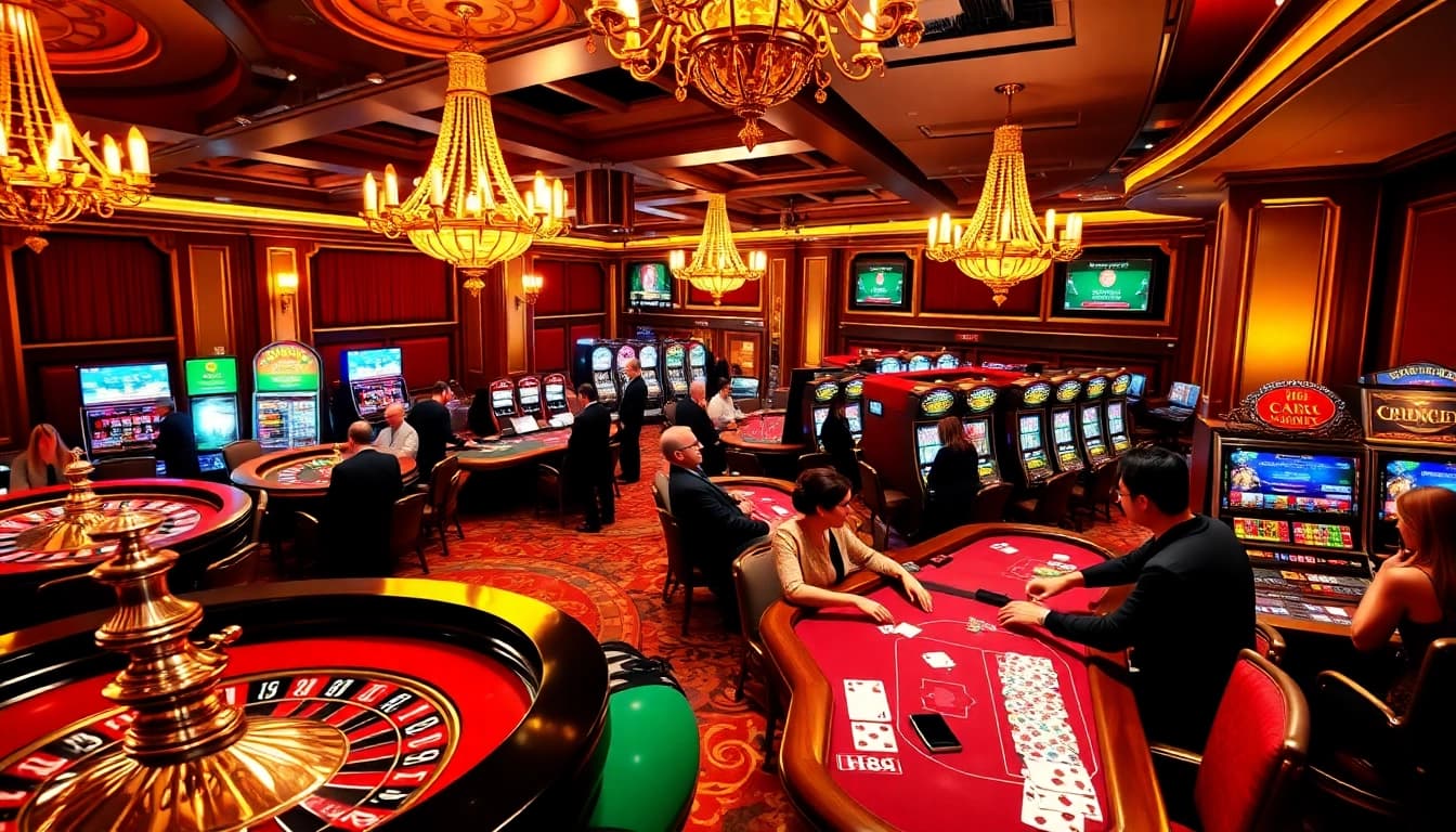 Engaged gamblers enjoying the casino atmosphere at https://hu88.za.com/, featuring roulette and poker tables.