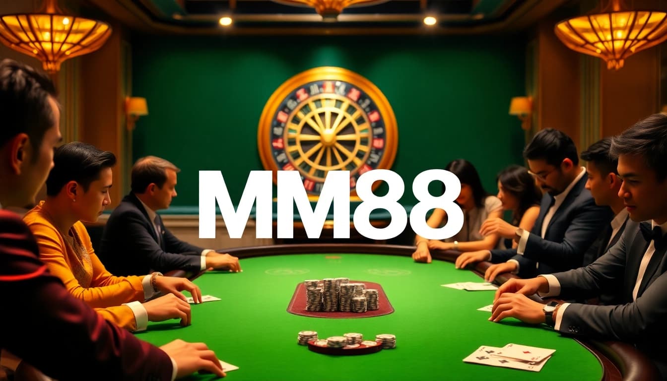 Experience the thrill of gambling at MM88's luxurious poker table with vibrant gameplay elements.