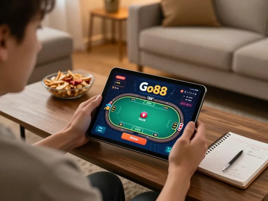 Play Go88 while enjoying a cozy online gambling session on a tablet in a warm living room.