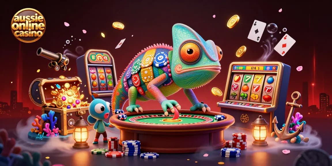 Experience the excitement of the aussie online casino with a colorful chameleon and vibrant game elements.