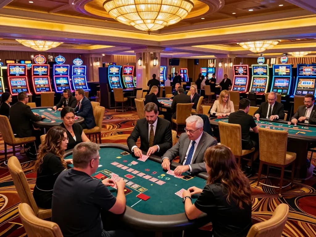 Exciting action on the casino floor at NK88 com, featuring players at blackjack tables.