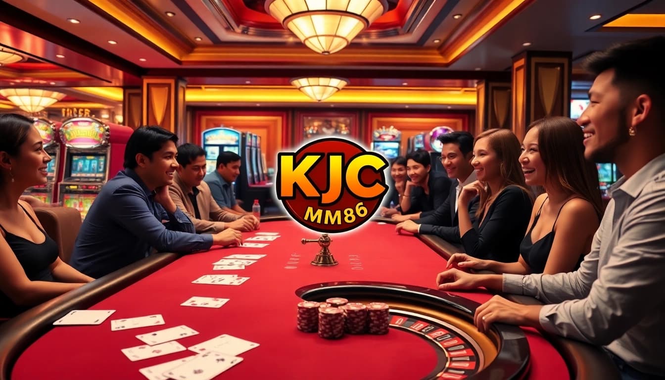KJC MM88 logo displayed in a luxurious casino scene with vibrant gaming activities and professional players.