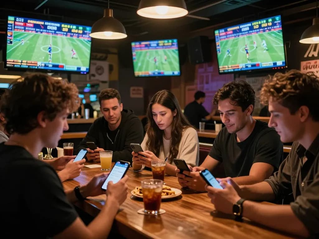 Friends engaging in kèo nhà cái betting at a sports bar while analyzing live game odds.
