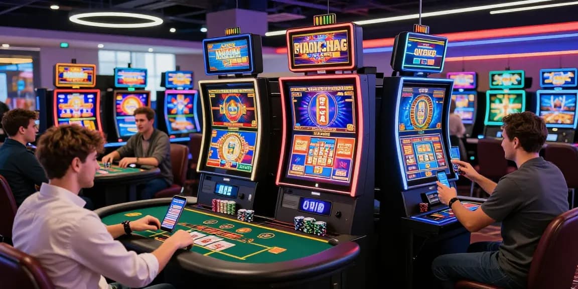 Engaged players at online casinos that accept credit cards, showcasing vibrant gaming atmosphere and modern design.