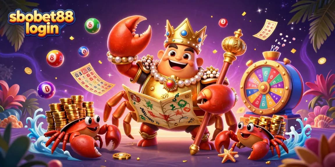 Experience sbobet88 login with exciting, dynamic casino-themed illustration featuring a golden crab emperor and treasure elements.
