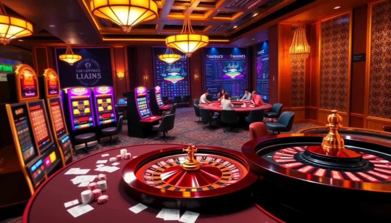 Experience thrilling gameplay at https://nk88zz.bio/ with engaging casino scenes featuring vibrant tables and slot machines.