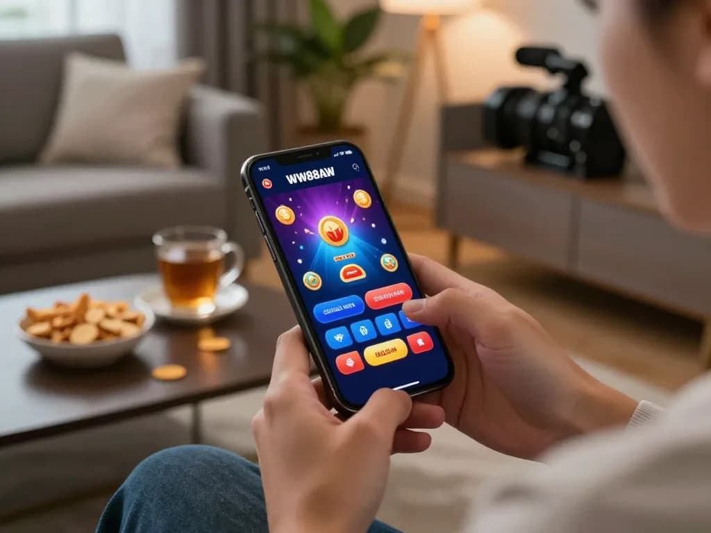 Engaging gameplay experience on WW88AW mobile app with cozy home setting and snacks.
