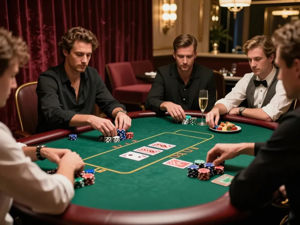 Link đăng ký Vin88 at a classy poker game, players strategizing with chips and cards visible.