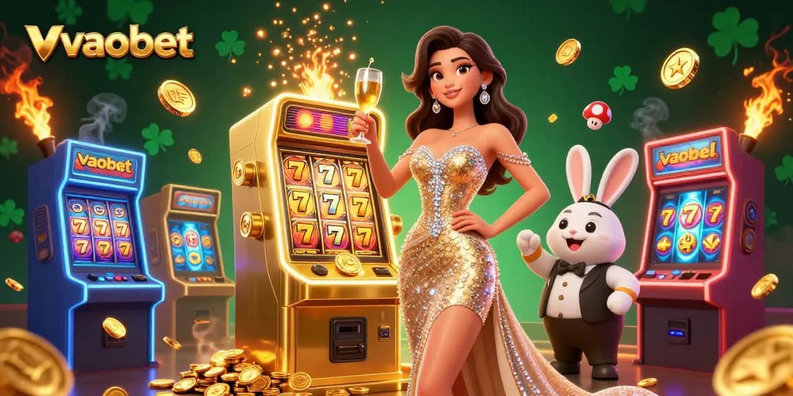 Explore vaobet's vibrant casino scene with jackpot slots, a dazzling woman, and a fun bunny croupier.