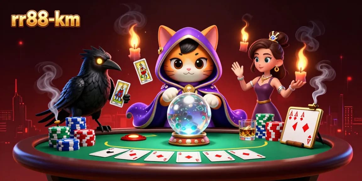 Engage in thrilling poker moments with rr88-km, featuring a vibrant 3D casino scene.