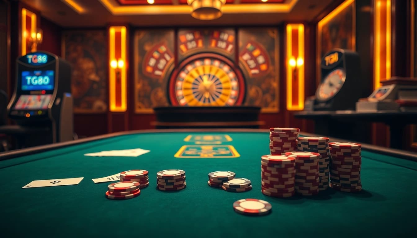 Experience excitement at the TG88 casino with a luxurious poker table and roulette wheel.