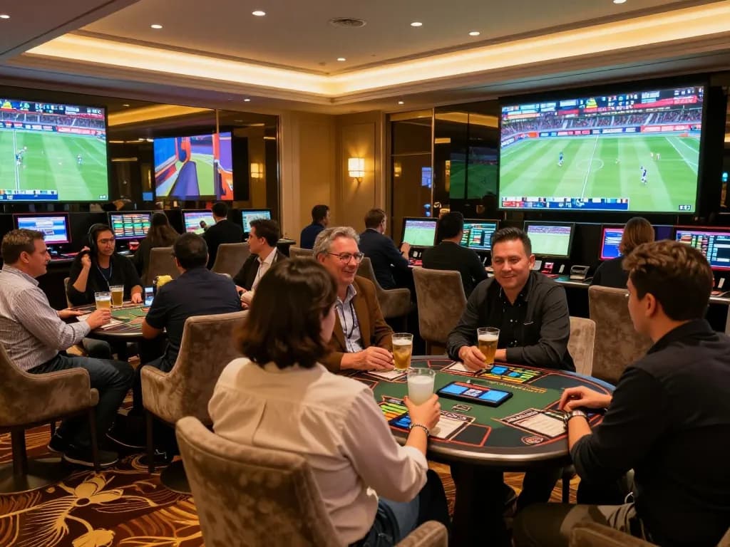 Betting excitement at 88คลับ with gamblers watching live sports events in a luxurious casino.