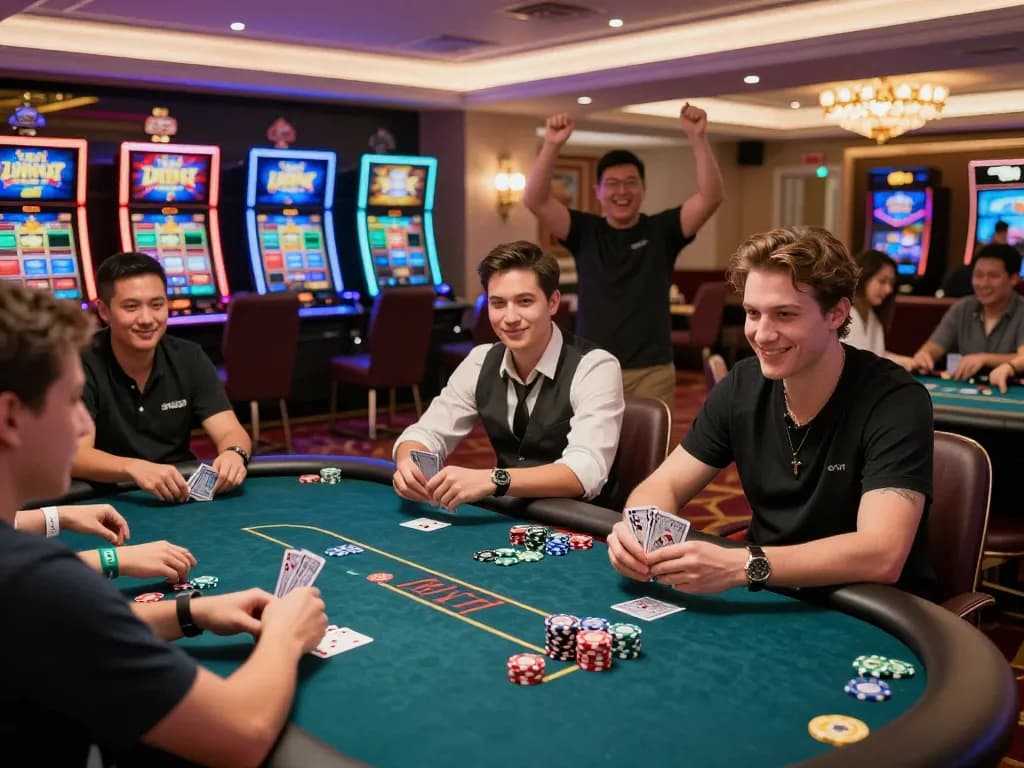 Exciting scene of players enjoying a poker game at Sunwin, highlighting attractive gameplay and social interaction, promoting tải sunwin experience.