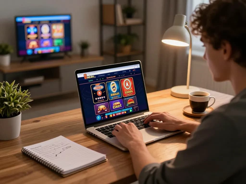 Engaging with the 8day casino app on a laptop at home, showcasing strategic online gambling.