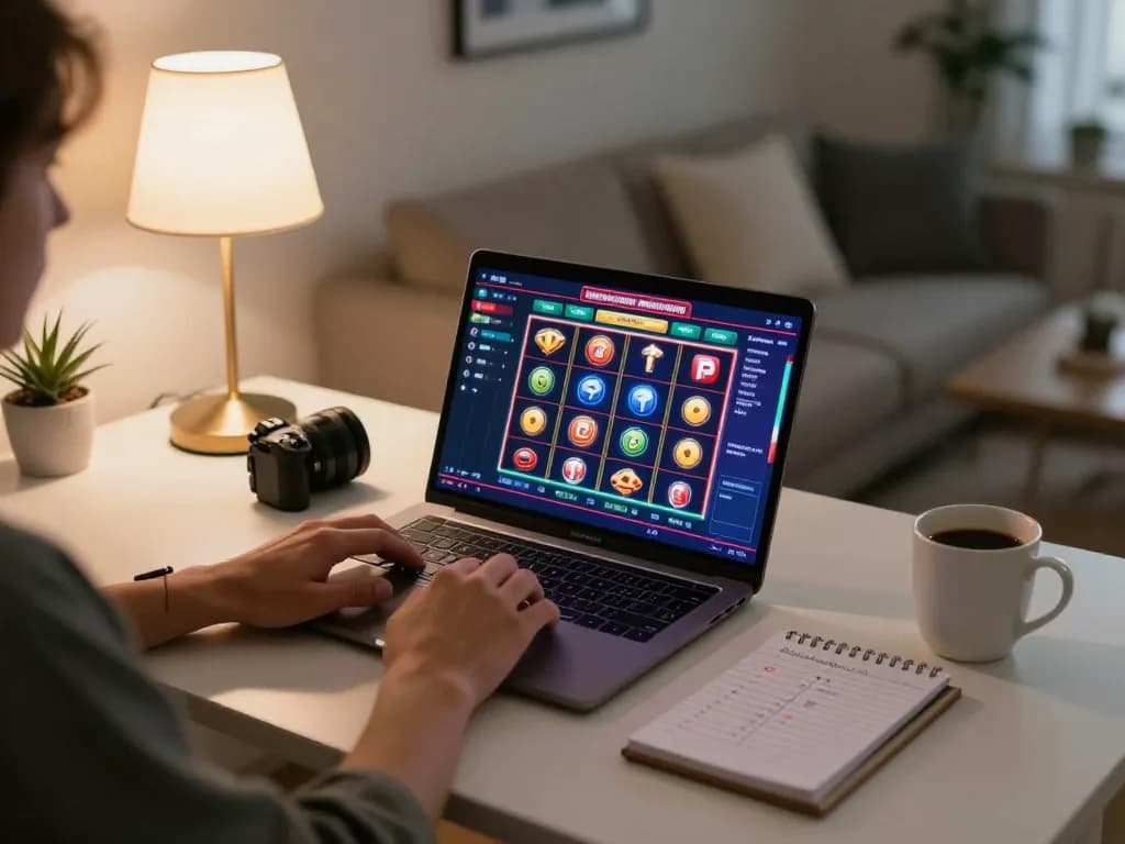 Engaging online casino gaming scene with laptop showing 79so do slots interface and strategic notes