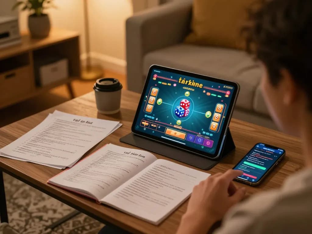 Engaged in tài xỉu online gameplay on tablet with strategic notes and apps.