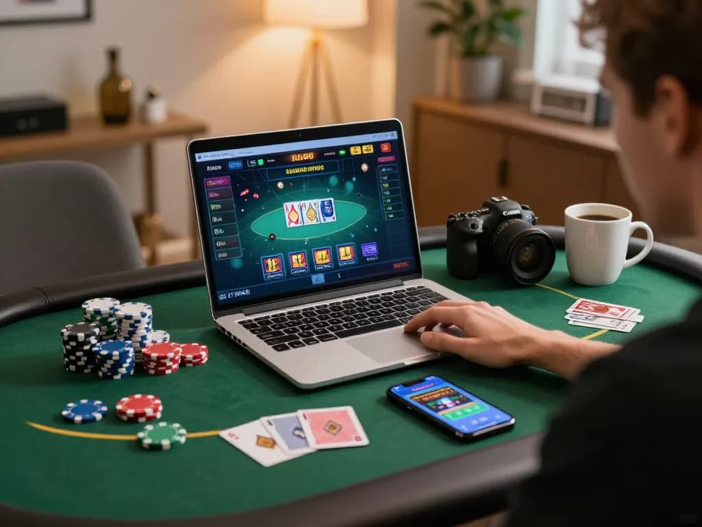 Player engaging with ALO8 online casino on a laptop at a cozy home setup, promoting responsible gaming