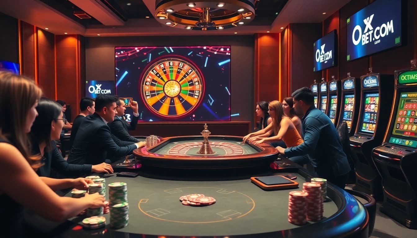 Excited players enjoy a luxurious experience at OXBET COM online casino with vibrant gaming elements.