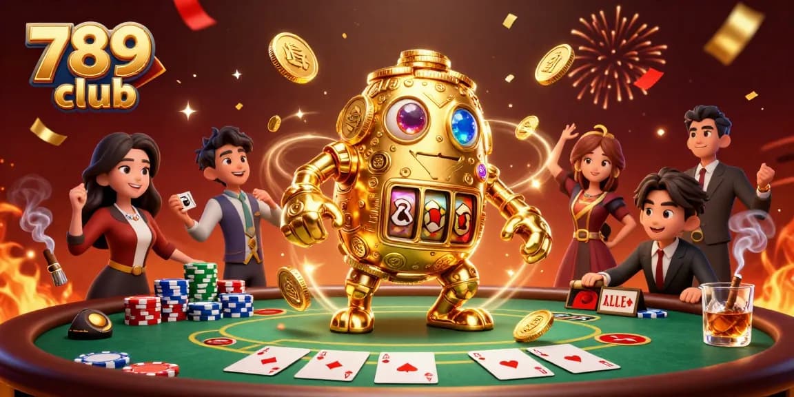 Experience the thrill of 789 club with a dynamic 3D casino scene featuring a golden golem and poker elements.