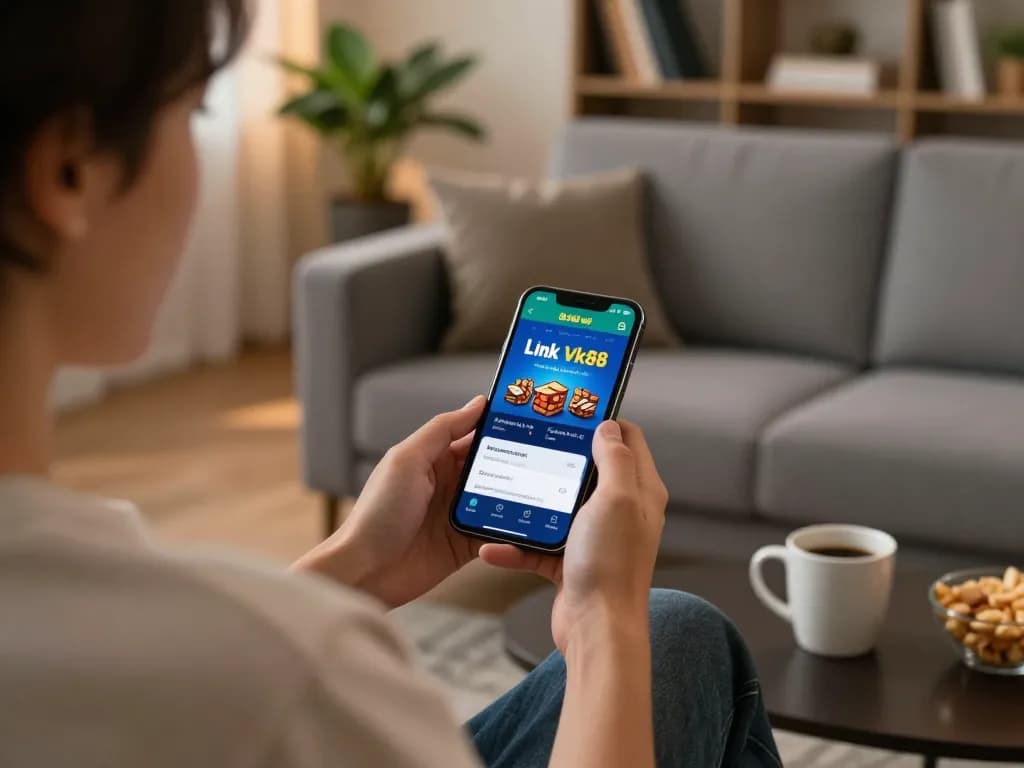 Engaging with the Link đăng ký Vk88 mobile app for online casino gaming on a cozy sofa