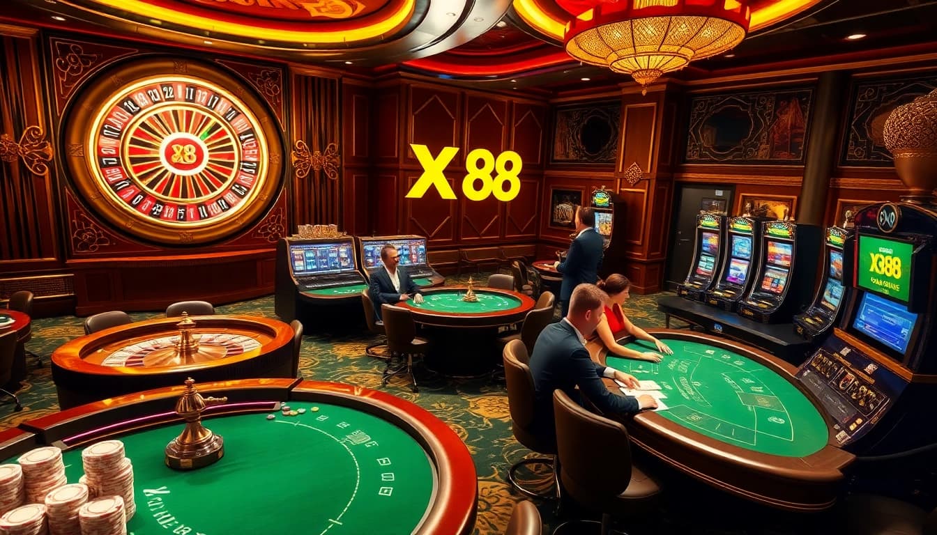 X 88 logo illuminated in a luxurious casino scene featuring poker tables, roulette wheels, and excited players.